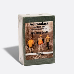Adirondack Hunters Bro' soap and shampoo bar packaging with hunting scene on a white background