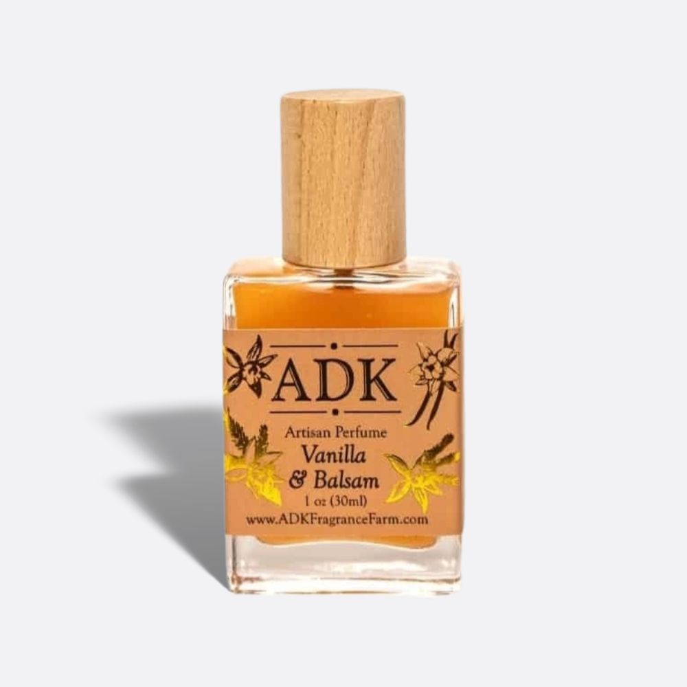 Vanilla Balsam perfume box. Designed with ADK logo and gold floral design.