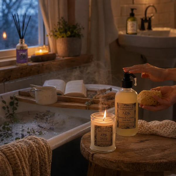 Adirondack Serenity Ritual Set: Wild Rose Candle + Fennel Mint Hand Soap + Balsam Lavender Body Wash +  Lavender Balsam Reed Diffuser