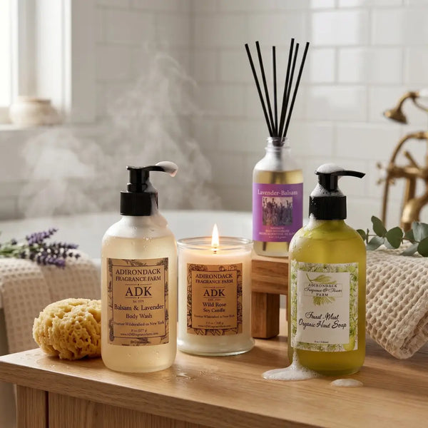 Adirondack Serenity Ritual Set: Wild Rose Candle + Fennel Mint Hand Soap + Balsam Lavender Body Wash +  Lavender Balsam Reed Diffuser
