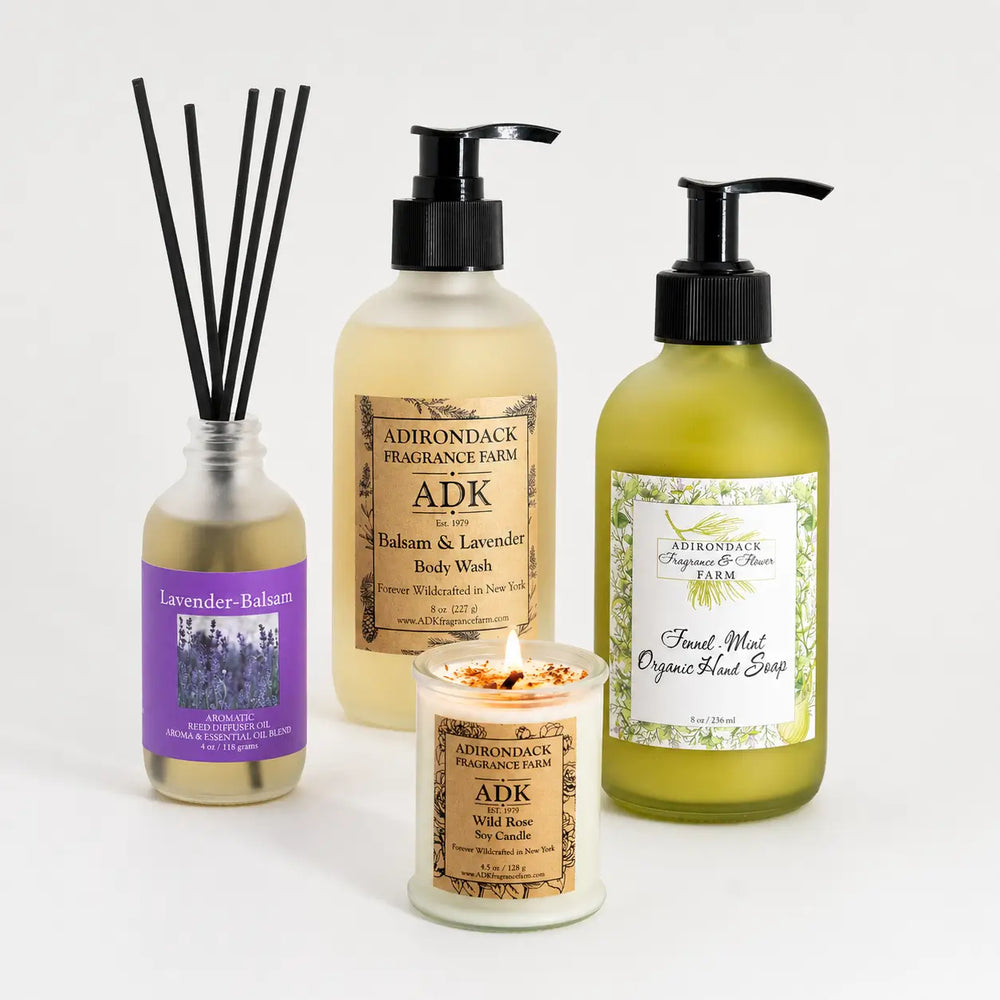 Adirondack Serenity Ritual Set: Wild Rose Candle + Fennel Mint Hand Soap + Balsam Lavender Body Wash +  Lavender Balsam Reed Diffuser