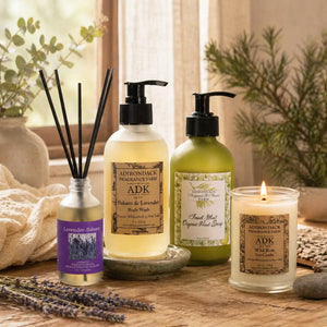 Adirondack Serenity Ritual Set: Wild Rose Candle + Fennel Mint Hand Soap + Balsam Lavender Body Wash +  Lavender Balsam Reed Diffuser
