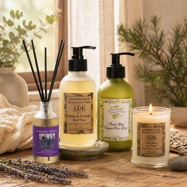 Adirondack Serenity Ritual Set: Wild Rose Candle + Fennel Mint Hand Soap + Balsam Lavender Body Wash +  Lavender Balsam Reed Diffuser