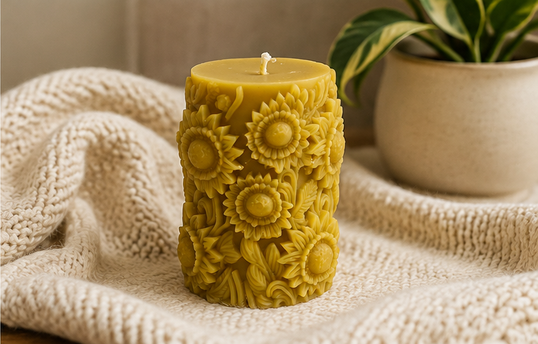Yellow Beeswax Sunflower Pillar Candle 10oz