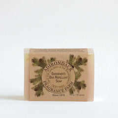 Bar of soap with Adirondack Fragrance Farm packaging on a white background
