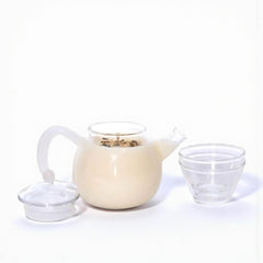 White teapot with clear lid and cup on a white background