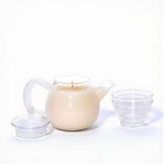 Clear glass teapot and cup on a white background