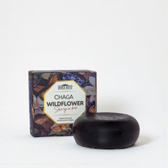 Chaga Wildflower shampoo bar with packaging on a white background