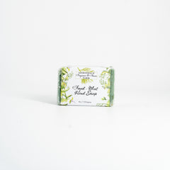 Bar of soap with a label on a white background